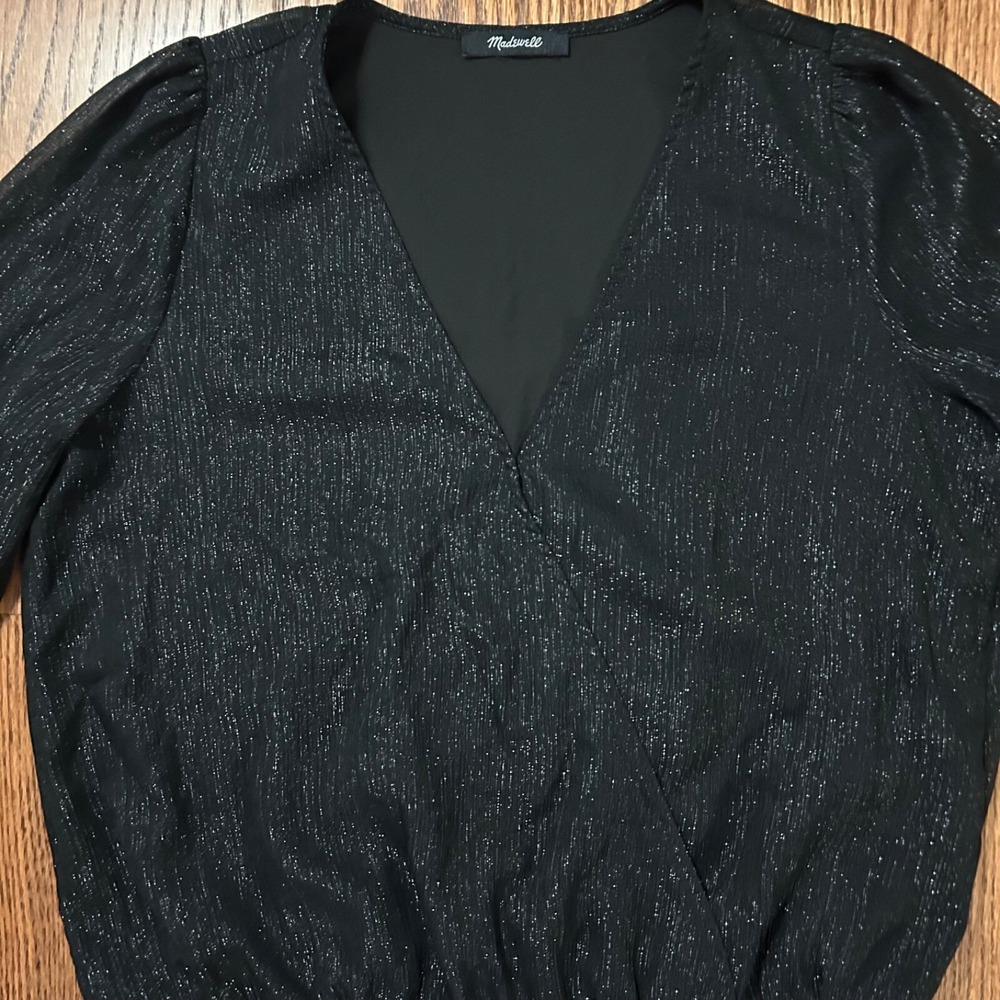 Madewell Women's Top Blouse Black/Silver size S Cossover Front Ling Sleeves